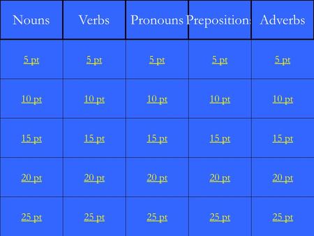 10 pt 15 pt 20 pt 25 pt 5 pt 10 pt 15 pt 20 pt 25 pt 5 pt 10 pt 15 pt 20 pt 25 pt 5 pt 10 pt 15 pt 20 pt 25 pt 5 pt 10 pt 15 pt 20 pt 25 pt 5 pt NounsVerbsPronounsPrepositionsAdverbs.