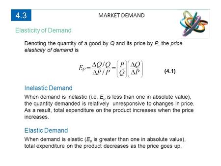 4.3 MARKET DEMAND Elasticity of Demand Inelastic Demand Elastic Demand