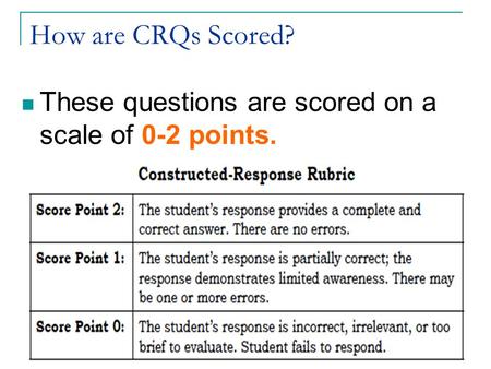 How are CRQs Scored? These questions are scored on a scale of 0-2 points.