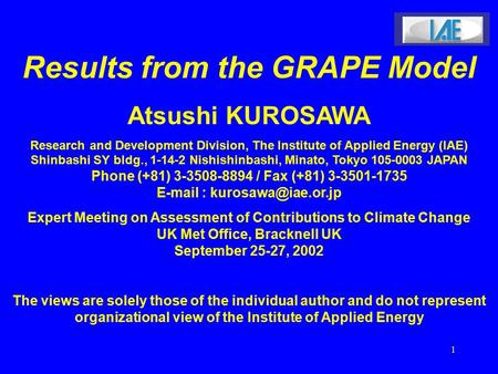 1 Results from the GRAPE Model Atsushi KUROSAWA Research and Development Division, The Institute of Applied Energy (IAE) Shinbashi SY bldg., 1-14-2 Nishishinbashi,