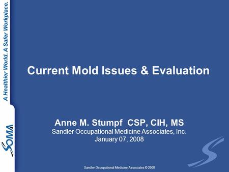 Sandler Occupational Medicine Associates © 2008 Current Mold Issues & Evaluation Anne M. Stumpf CSP, CIH, MS Sandler Occupational Medicine Associates,
