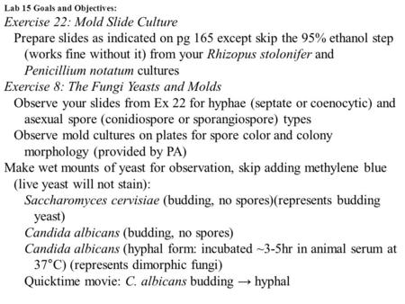 Lab 15 Goals and Objectives: Exercise 22: Mold Slide Culture Prepare slides as indicated on pg 165 except skip the 95% ethanol step (works fine without.