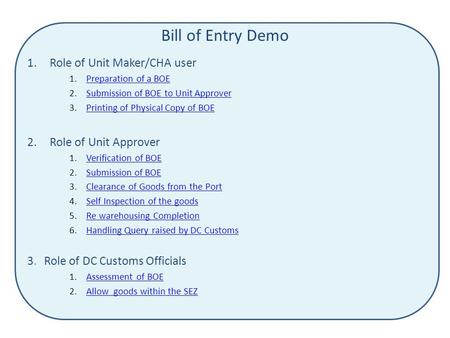 Bill of Entry Demo Role of Unit Maker/CHA user Role of Unit Approver