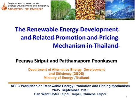1 The Renewable Energy Development and Related Promotion and Pricing Mechanism in Thailand Peeraya Siriput and Patthamaporn Poonkasem APEC Workshop on.