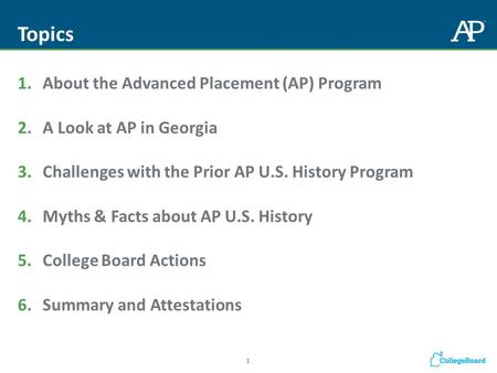 Topics 1.About the Advanced Placement (AP) Program 2.A Look at AP in Georgia 3.Challenges with the Prior AP U.S. History Program 4.Myths & Facts about.