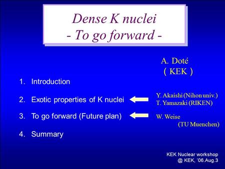 1.Introduction 2.Exotic properties of K nuclei 3.To go forward (Future plan) 4.Summary Dense K nuclei - To go forward - KEK Nuclear KEK, ’06.Aug.3.