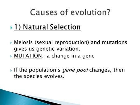  1) Natural Selection  Meiosis (sexual reproduction) and mutations gives us genetic variation.  MUTATION: a change in a gene  If the population’s gene.