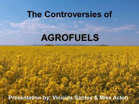 The Controversies of AGROFUELS Presentation by: Vinicius Santos & Mike Acton.