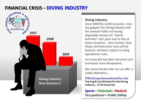 FINANCIAL CRISIS – DIVING INDUSTRY Diving Industry New Business? Diving Industry Since 2008 the world economic crisis has gripped the Diving Industry with.