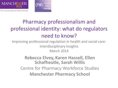 Pharmacy professionalism and professional identity: what do regulators need to know? Improving professional regulation in health and social care: interdisciplinary.