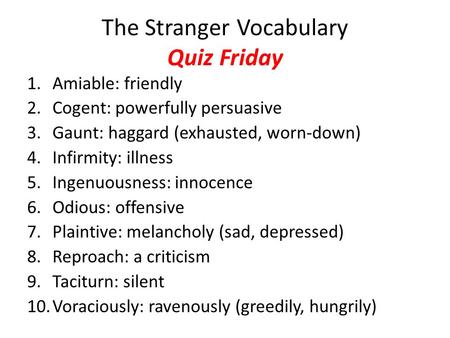 The Stranger Vocabulary Quiz Friday