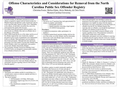 Offense Characteristics and Considerations for Removal from the North Carolina Public Sex Offender Registry Christina Foster, Melisa Glatte, Alvin Malesky,