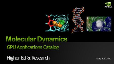May 8th, 2012 Higher Ed & Research. Molecular Dynamics Applications Overview AMBER NAMD GROMACS LAMMPS Sections Included * * In fullscreen mode, click.