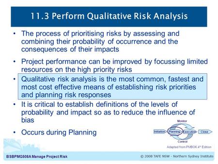 BSBPMG508A Manage Project Risk 11.3 Perform Qualitative Risk Analysis Adapted from PMBOK 4 th Edition InitiationPlanning ExecutionClose Monitor Control.