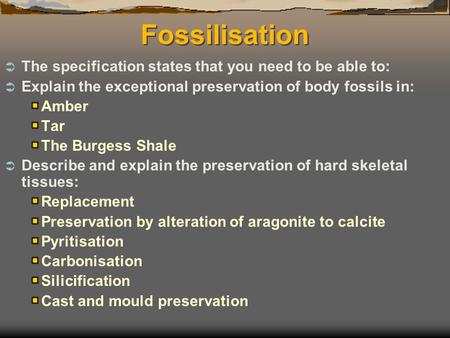 Fossilisation  The specification states that you need to be able to:  Explain the exceptional preservation of body fossils in: Amber Tar The Burgess.
