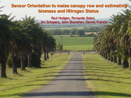 Sensor Orientation to maize canopy row and estimating biomass and Nitrogen Status Paul Hodgen, Fernando Solari, Jim Schepers, John Shanahan, Dennis Francis.