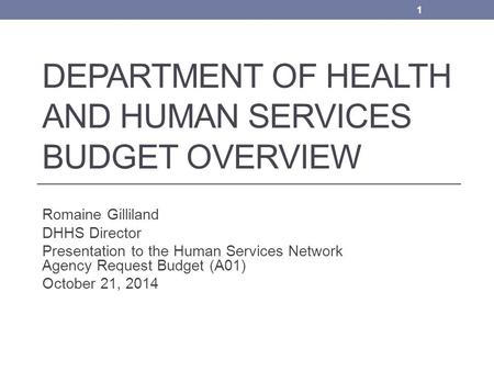 DEPARTMENT OF HEALTH AND HUMAN SERVICES BUDGET OVERVIEW Romaine Gilliland DHHS Director Presentation to the Human Services Network Agency Request Budget.