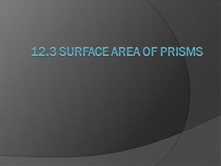 Objectives  Find lateral areas of different types of prisms  Find the surface areas of prisms.