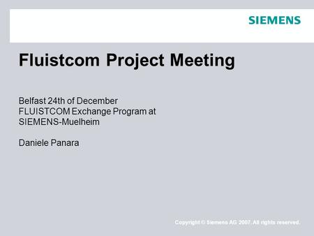 Copyright © Siemens AG 2007. All rights reserved. Fluistcom Project Meeting Belfast 24th of December FLUISTCOM Exchange Program at SIEMENS-Muelheim Daniele.
