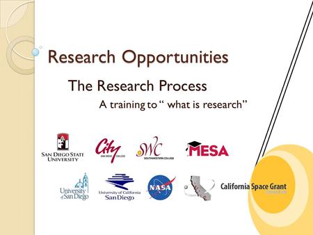 Research Opportunities The Research Process A training to “ what is research”