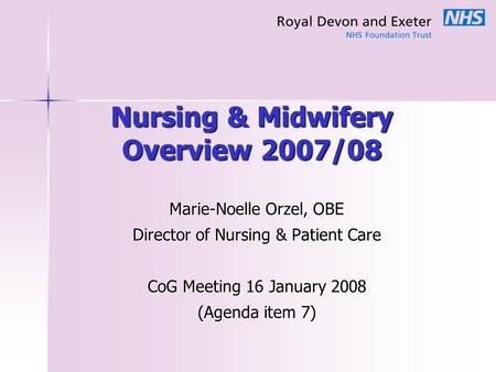 Nursing & Midwifery Overview 2007/08 Marie-Noelle Orzel, OBE Director of Nursing & Patient Care CoG Meeting 16 January 2008 (Agenda item 7)