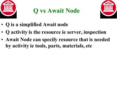 Q vs Await Node Q is a simplified Await node Q activity is the resource ie server, inspection Await Node can specify resource that is needed by activity.