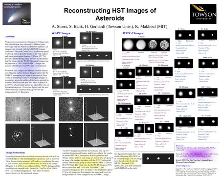 Reconstructing HST Images of Asteroids A. Storrs, S. Bank, H. Gerhardt (Towson Univ.), K. Makhoul (MIT) Acknowledgements: Support for this work provided.