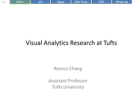 Dist FuncIntroVAAppsATGWrap-up 1/25 Visual Analytics Research at Tufts Remco Chang Assistant Professor Tufts University.