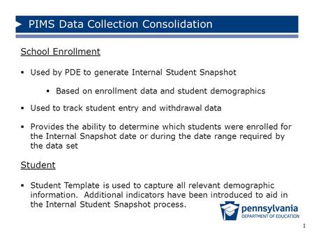 1 School Enrollment  Used by PDE to generate Internal Student Snapshot  Based on enrollment data and student demographics  Used to track student entry.