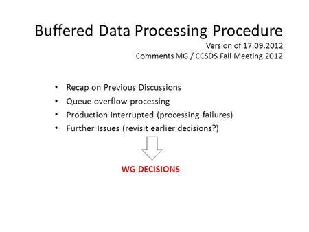 Buffered Data Processing Procedure Version of 17.09.2012 Comments MG / CCSDS Fall Meeting 2012 Recap on Previous Discussions Queue overflow processing.