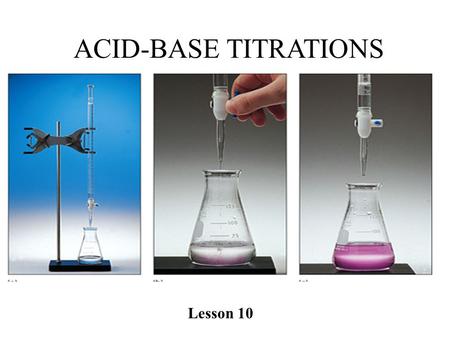 ACID-BASE TITRATIONS Lesson 10. Acid-Base Titrations… PART I: what is a titration? how is it performed? what tools are needed? PART II: Perform Titration.
