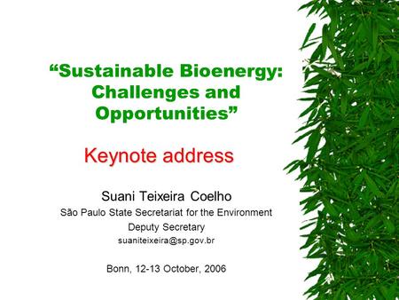 “Sustainable Bioenergy: Challenges and Opportunities” Suani Teixeira Coelho São Paulo State Secretariat for the Environment Deputy Secretary