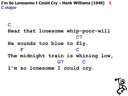 I’m So Lonesome I Could Cry – Hank Williams (1949) 1 C major C Hear that lonesome whip-poor-will C7 He sounds too blue to fly. F C The midnight train is.