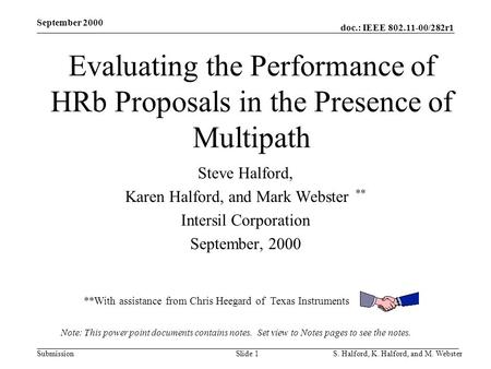 Doc.: IEEE 802.11-00/282r1 Submission September 2000 S. Halford, K. Halford, and M. WebsterSlide 1 Evaluating the Performance of HRb Proposals in the Presence.