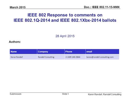March 2015 Doc.: IEEE 802.11-15-NNN Submission Karen Randall, Randall Consulting Slide 1 IEEE 802 Response to comments on IEEE 802.1Q-2014 and IEEE 802.1Xbx-2014.