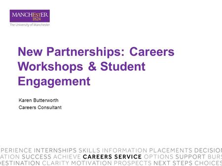 New Partnerships: Careers Workshops & Student Engagement Karen Butterworth Careers Consultant.