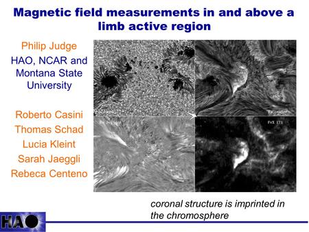 Magnetic field measurements in and above a limb active region Philip Judge HAO, NCAR and Montana State University Roberto Casini Thomas Schad Lucia Kleint.