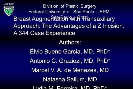 Division of Plastic Surgery Federal University of São Paulo – EPM. São Paulo - Brazil UNIFESP Breast Augmentation with Transaxillary Approach: The Advantages.