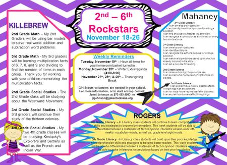2 nd – 6 th Rockstars November 18-26 Weekly Reminders 4th Grade Literacy – In Literacy class students will continue to learn comprehension skills and strategies.