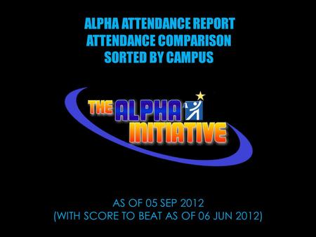 ALPHA ATTENDANCE REPORT ATTENDANCE COMPARISON SORTED BY CAMPUS AS OF 05 SEP 2012 (WITH SCORE TO BEAT AS OF 06 JUN 2012)