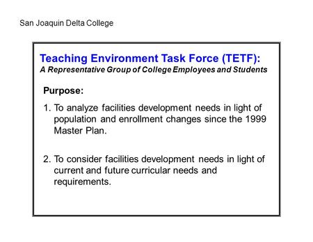 Teaching Environment Task Force (TETF): A Representative Group of College Employees and Students Purpose: 1.To analyze facilities development needs in.