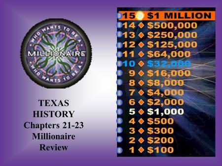 TEXAS HISTORY Chapters 21-23 Millionaire Review A:B: To help Mexico regain Texas, Mexico & New Mexico To help Mexico regain Texas, Arizona & New Mexico.