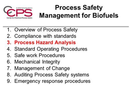 Process Safety Management for Biofuels 1.Overview of Process Safety 2.Compliance with standards 3.Process Hazard Analysis 4.Standard Operating Procedures.