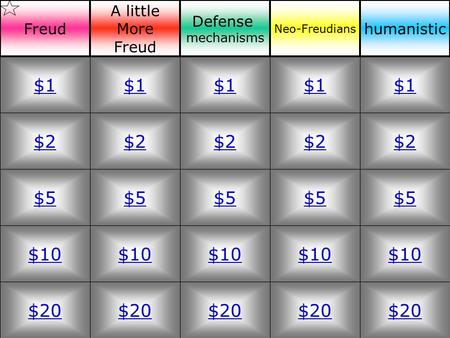 $2 $5 $10 $20 $1 $2 $5 $10 $20 $1 $2 $5 $10 $20 $1 $2 $5 $10 $20 $1 $2 $5 $10 $20 $1 Freud A little More Freud Defense mechanisms Neo-Freudians humanistic.