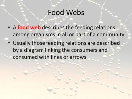 Food Webs A food web describes the feeding relations among organisms in all or part of a community Usually those feeding relations are described by a diagram.