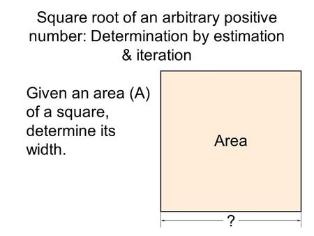 Square root of an arbitrary positive number: Determination by estimation & iteration Given an area (A) of a square, determine its width. ? Area.