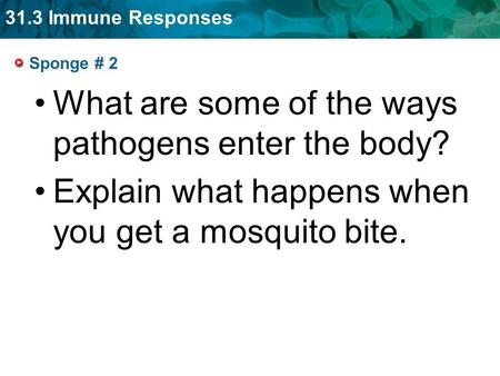 31.3 Immune Responses Sponge # 2 What are some of the ways pathogens enter the body? Explain what happens when you get a mosquito bite.
