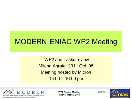 WP2 Review Meeting Milano, Oct 05, 2011 14/05/2015 1 MODERN ENIAC WP2 Meeting WP2 and Tasks review Milano Agrate, 2011 Oct. 05 Meeting hosted by Micron.