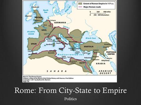 Rome: From City-State to Empire Politics. Politics A small city-state in western Italy. 753 BCE a Monarchy 509 BCE a republic. It was originally ruled.