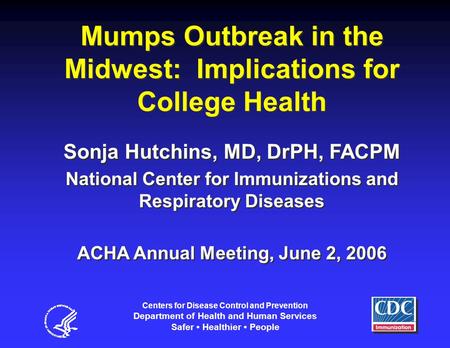 Mumps Outbreak in the Midwest: Implications for College Health Sonja Hutchins, MD, DrPH, FACPM National Center for Immunizations and Respiratory Diseases.